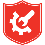 An icon with a red shield and a tool in the center