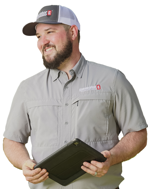 an employee smiling holding a tablet