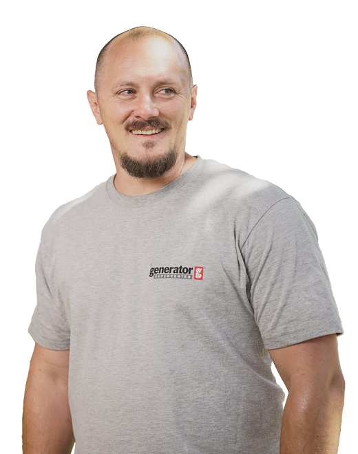 A man wearing a generator supercenter tshirt smiling